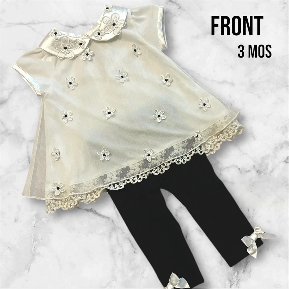Elegant Cream/White Floral Baby Dress with Black Leggings
